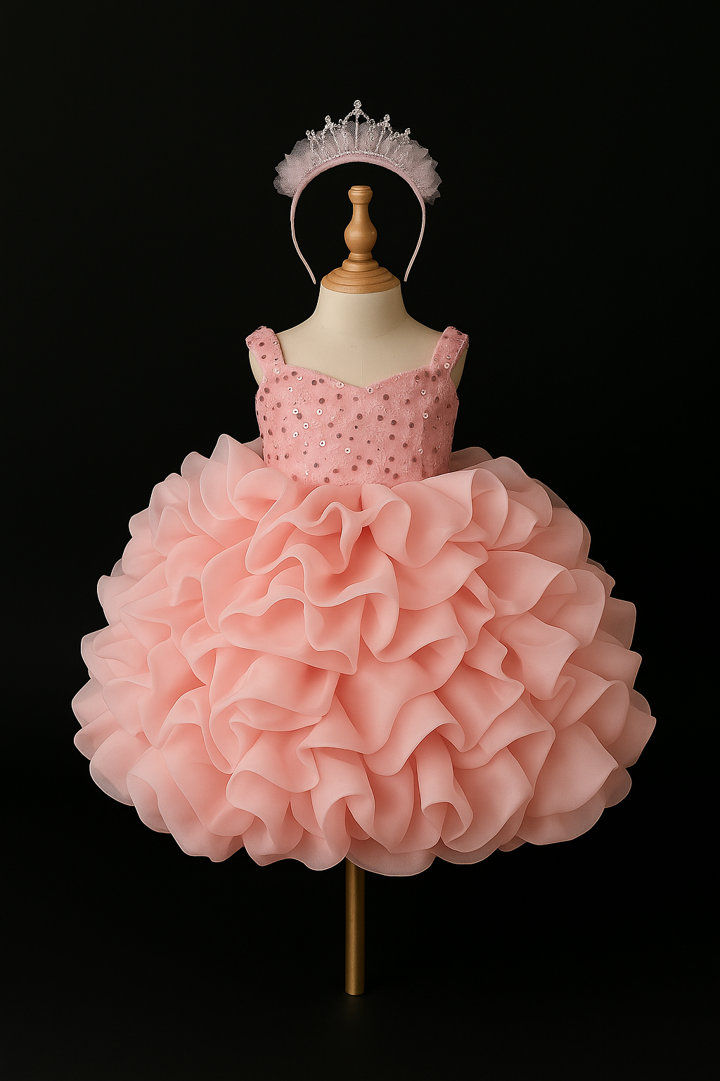 Blush Bloom Gown for Girls – Pink Sequin Ruffle Dress with Bow & Headband (Size 2–5)