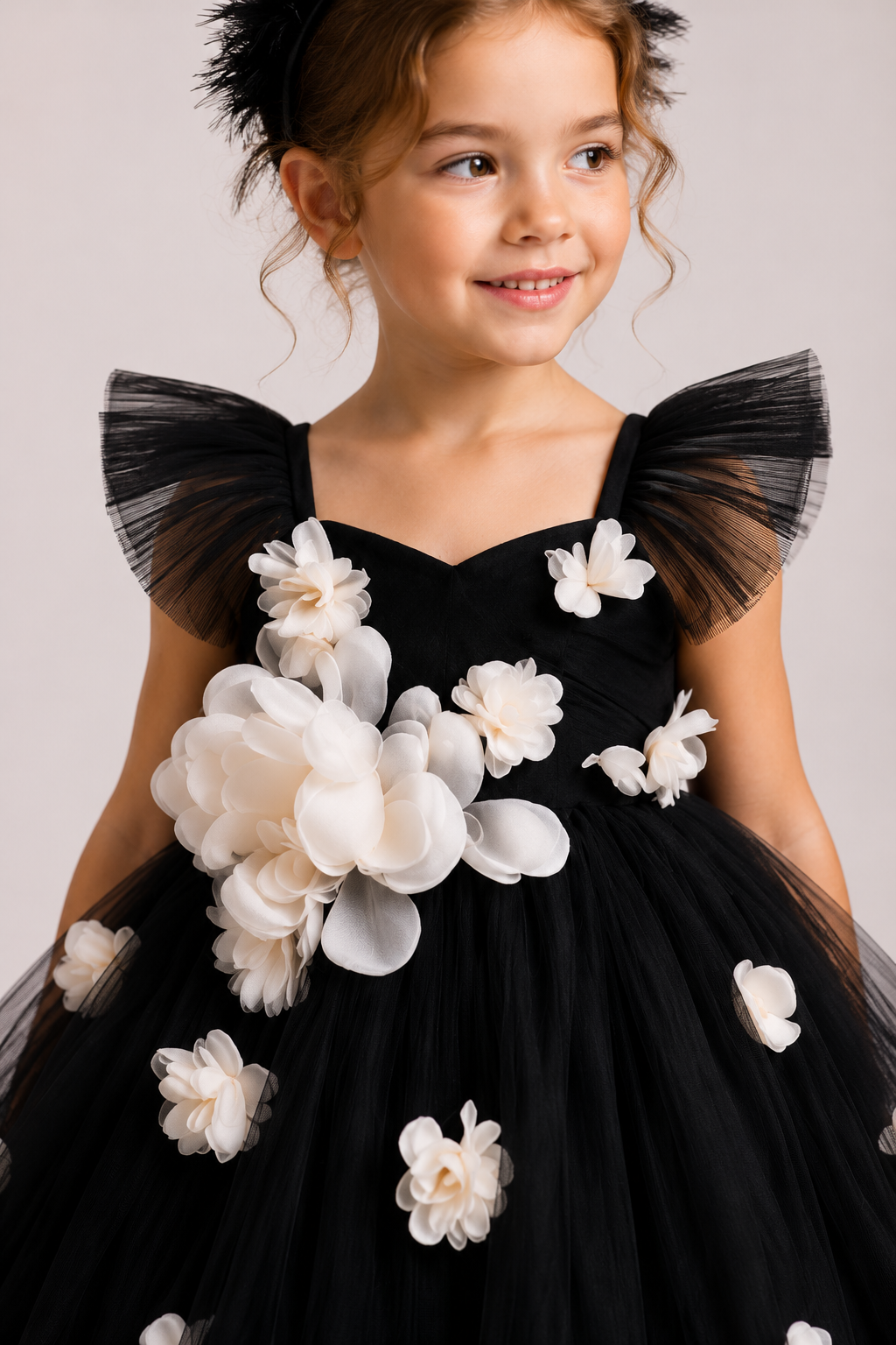 Floral Couture girls black tulle party dress skirt detail