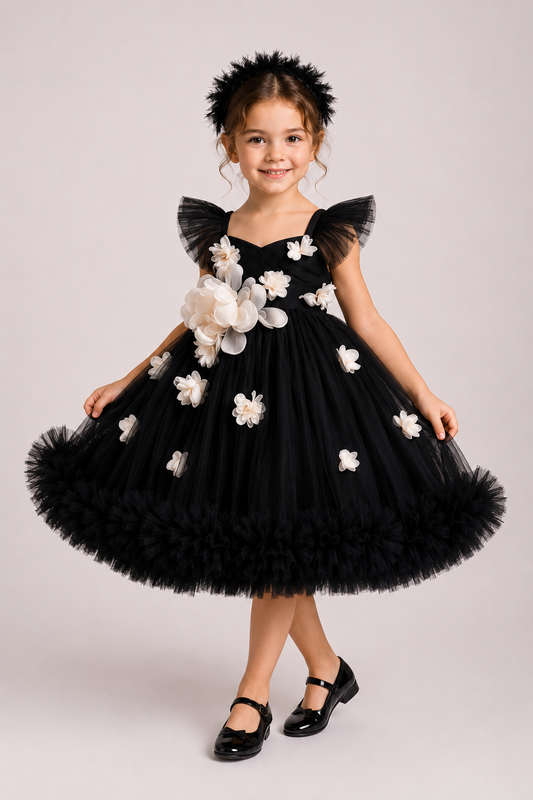 Floral Couture girls black tulle dress floral bodice detail