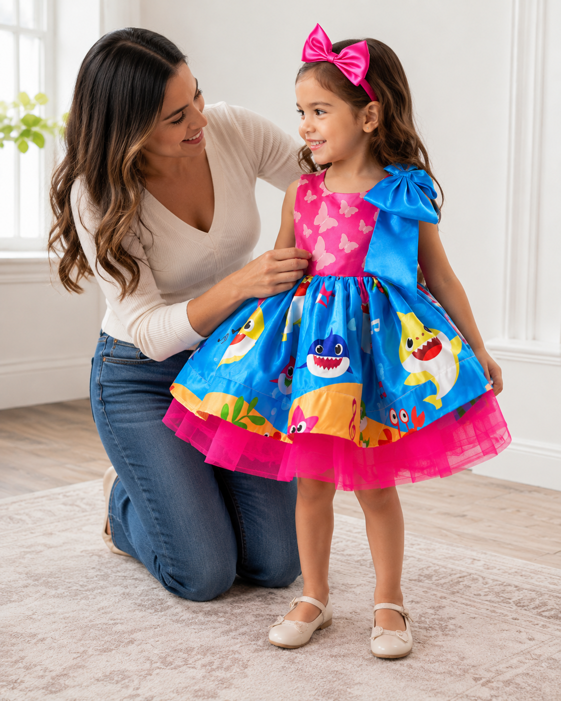 Baby Shark themed girls dress skirt and print detail