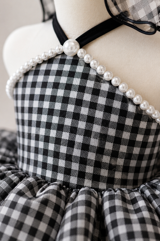 Midnight Check Bloom girls check dress organza detail