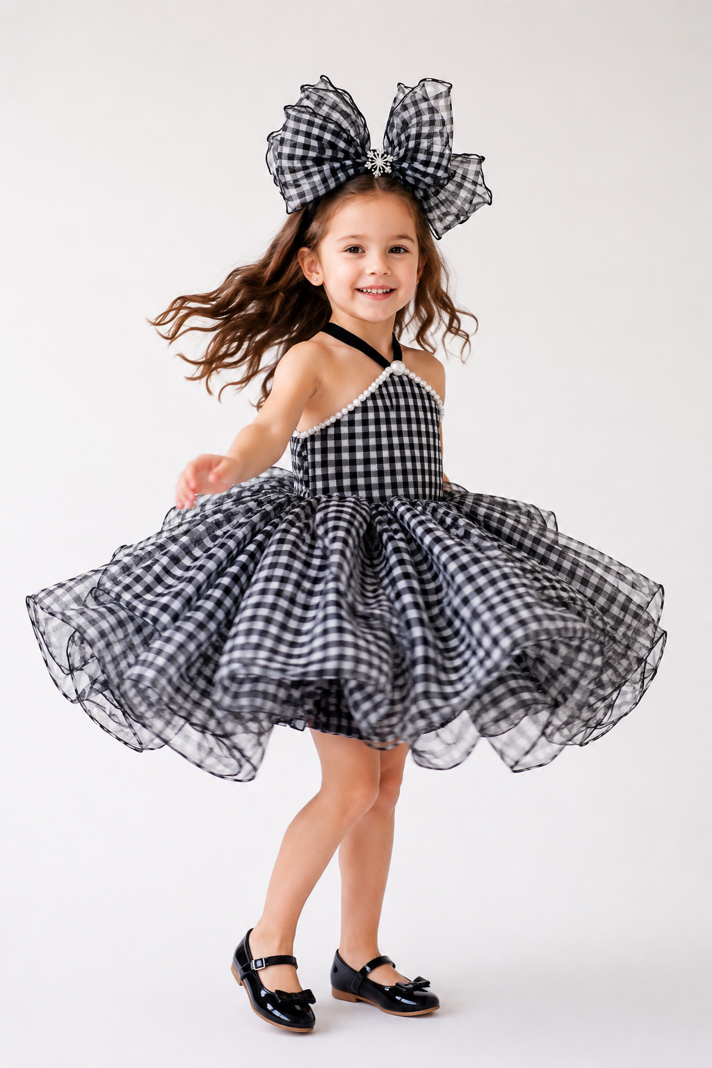 Midnight Check Bloom black and white girls party dress detail