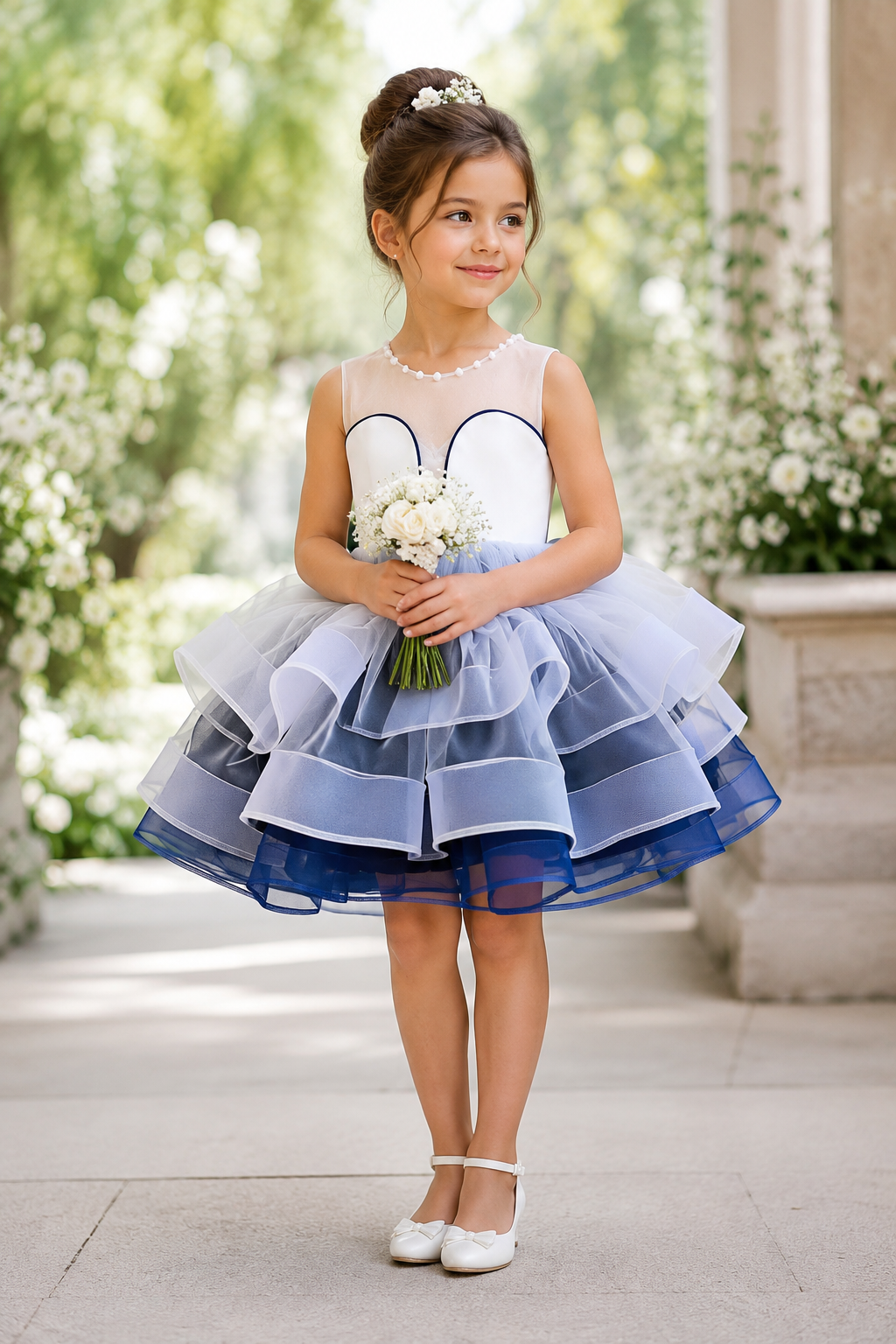 Midnight Pearl navy girls dress layered tulle detail