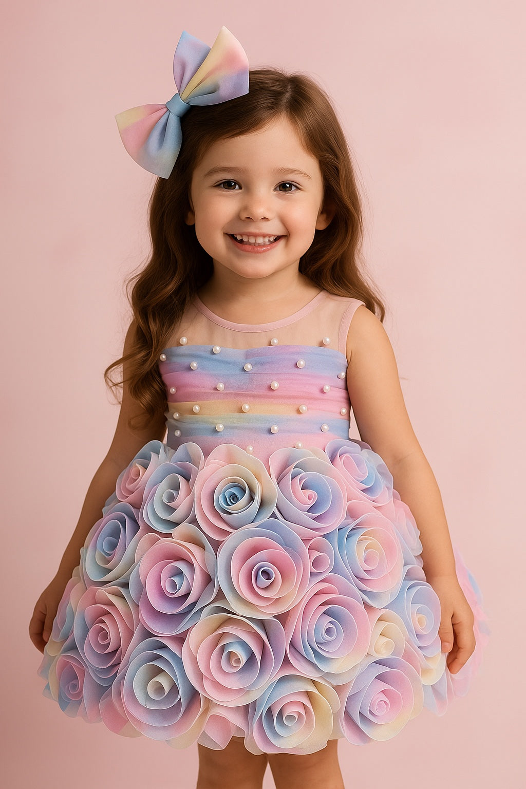 Rainbow Rosette girls party dress layered rosette detail
