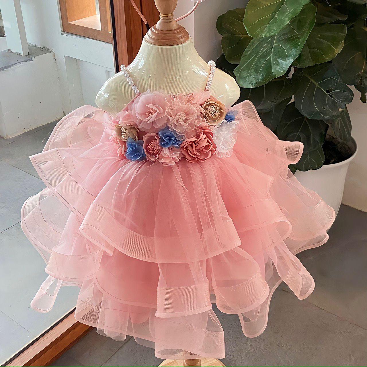 Dusty pink layered tulle party dress with floral waist — Dolls & Dreams