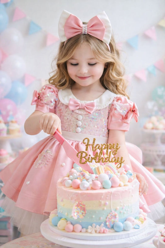 Candy Pink girls birthday dress puff sleeve and bodice detail