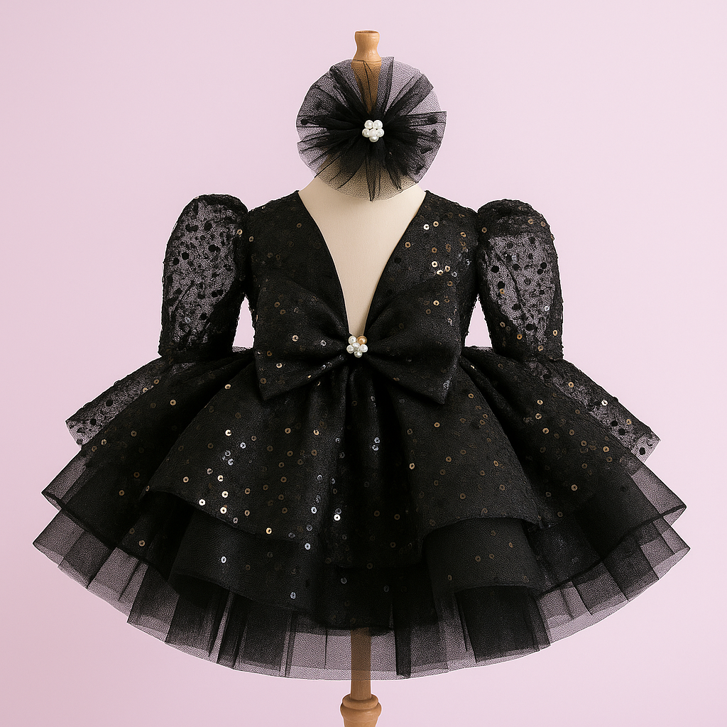 Little Starry Night Dress for Girls – Black Sequin Party Dress with Tulle & Headband (Size 3–5)