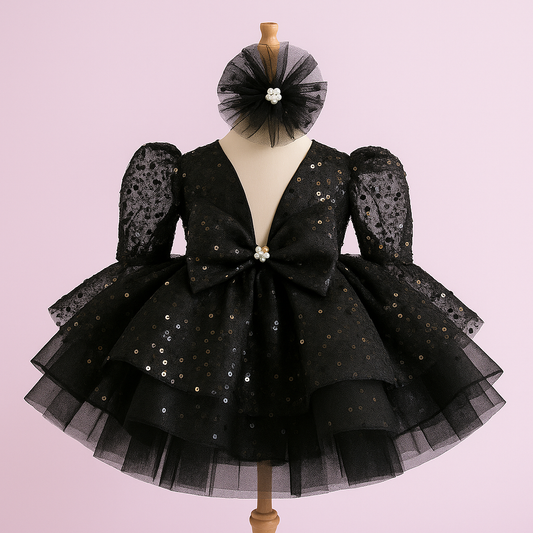 Little Starry Night Dress for Girls – Black Sequin Party Dress with Tulle & Headband (Size 3–5)