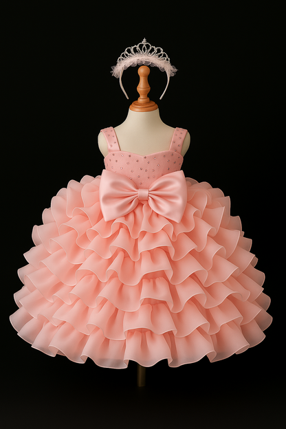 Blush Bloom Gown for Girls – Pink Sequin Ruffle Dress with Bow & Headband (Size 2–5)