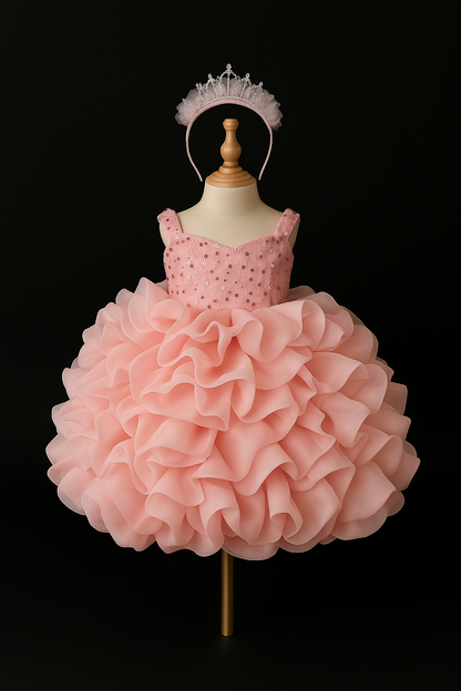 Blush Bloom Gown for Girls – Pink Sequin Ruffle Dress with Bow & Headband (Size 2–5)