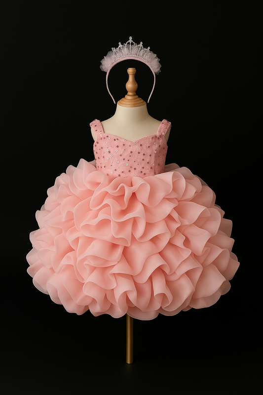 Blush Bloom Gown for Girls – Pink Sequin Ruffle Dress with Bow & Headband (Size 2–5)
