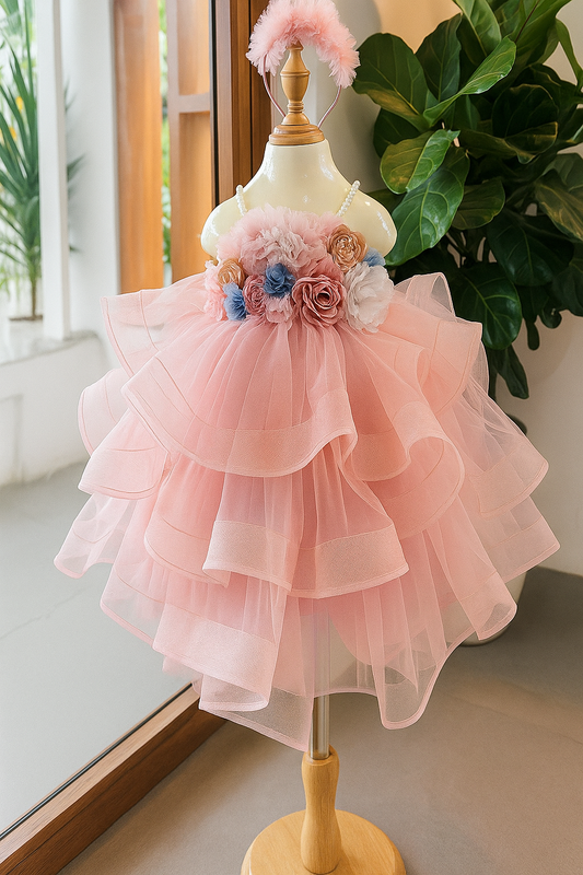Dusty pink layered tulle party dress with floral waist — Dolls & Dreams