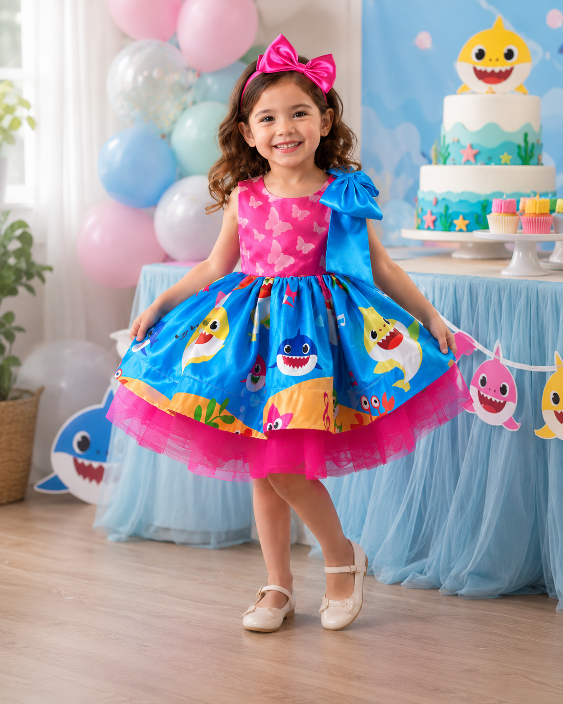Baby Shark colourful themed party dress for girls full view