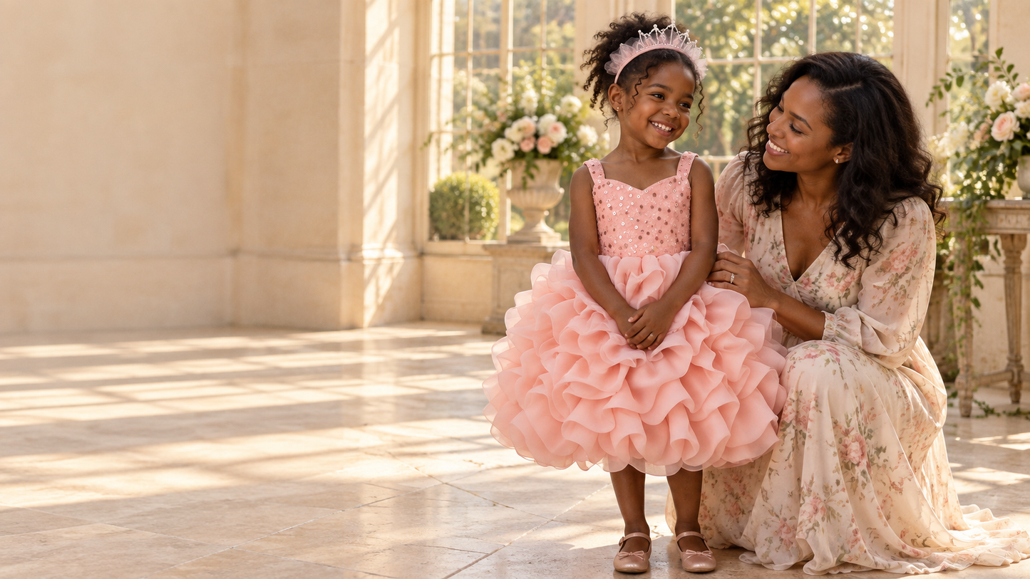 Blush Bloom Gown pink girls dress on child model in natural light