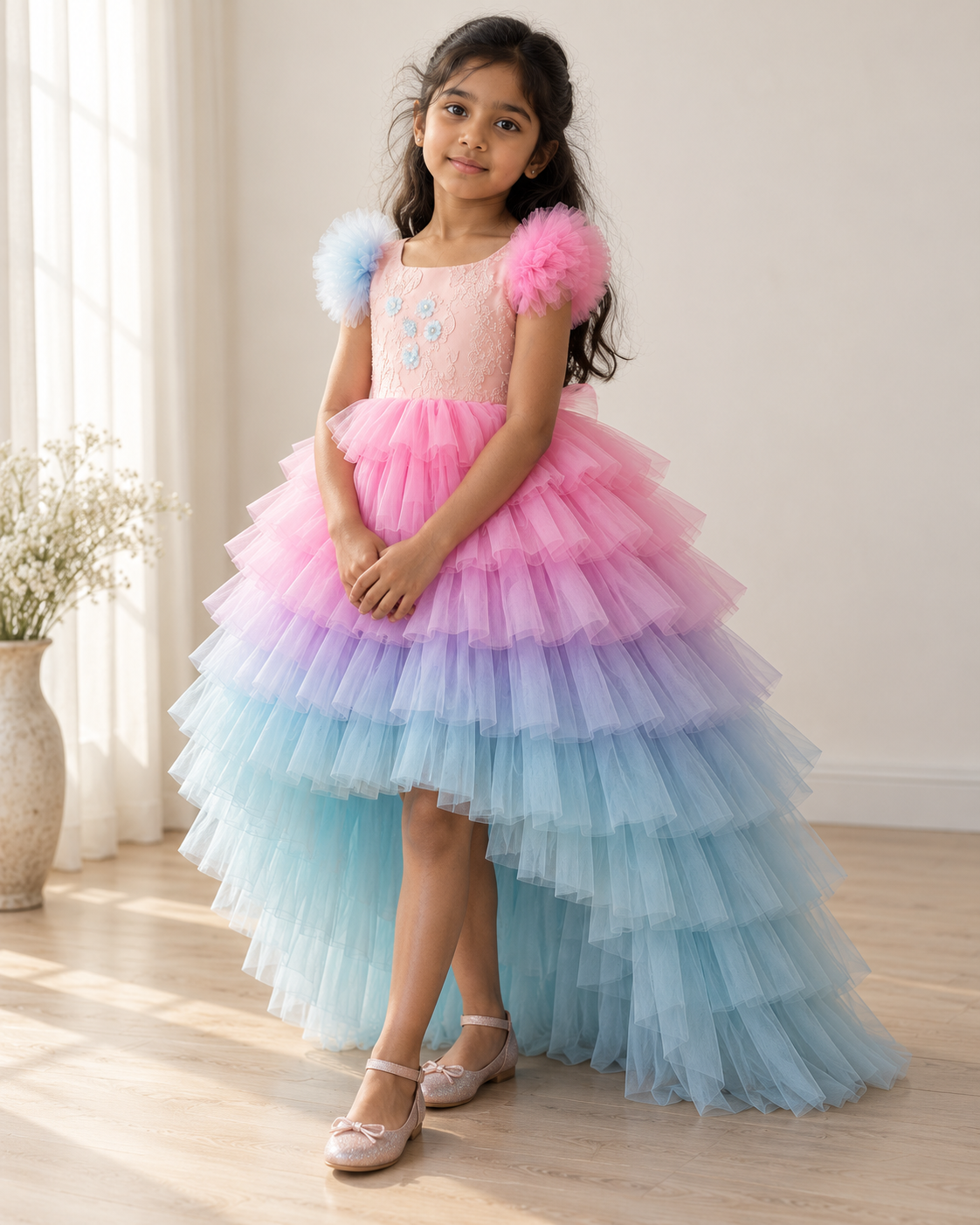 Cotton Candy pink tulle party dress for girls on child model