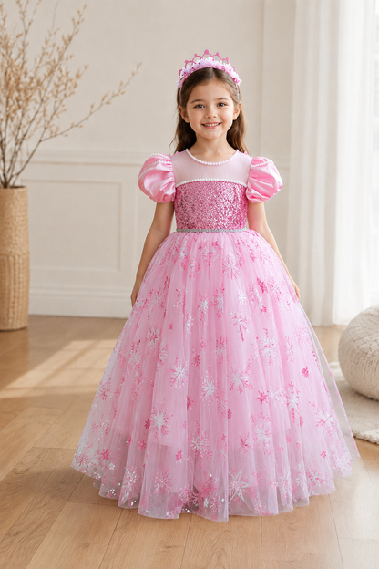 Elsa Princess Long pink sparkling gown with overlay for girls full view