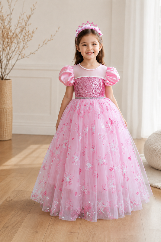 Elsa Princess Long pink sparkling gown with overlay for girls full view