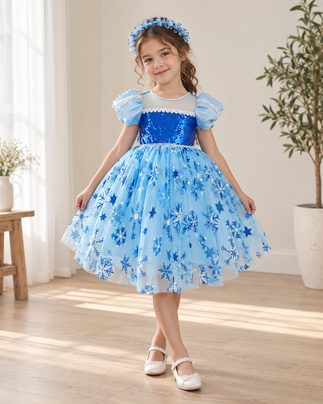 Elsa inspired blue short princess dress for girls on child model