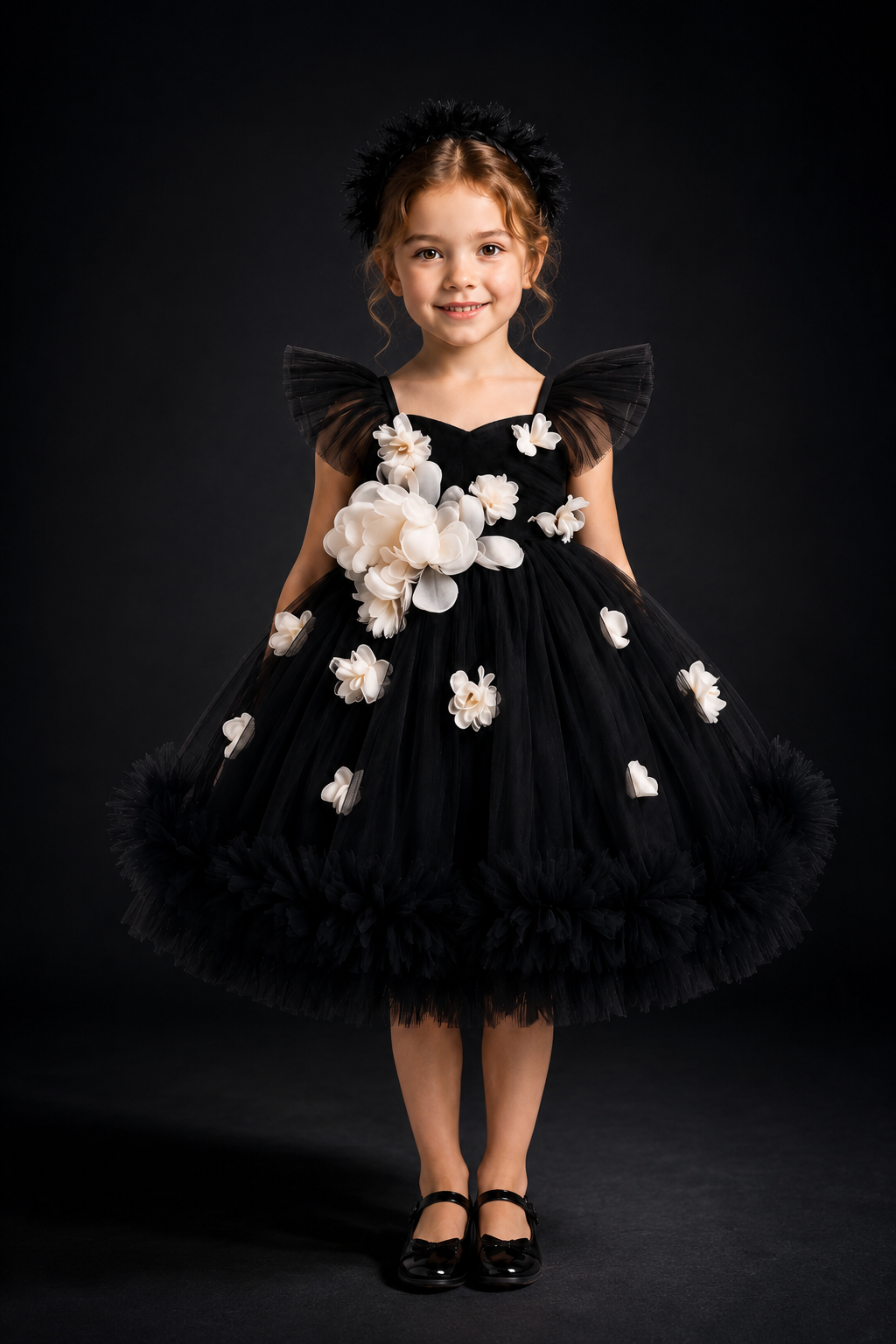 Floral Couture black tulle dress with white florals for girls full view
