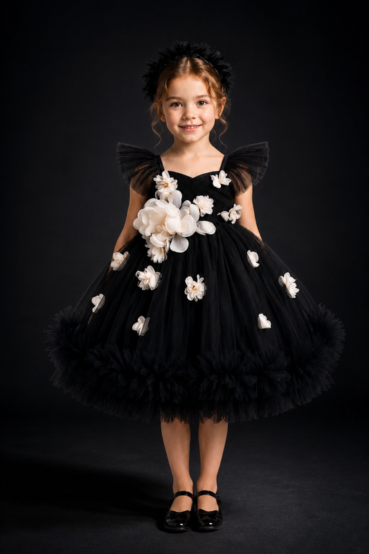 Floral Couture black tulle dress with white florals for girls full view