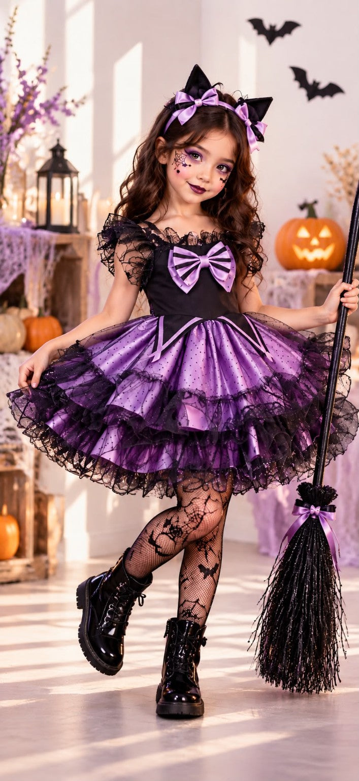 Girls Halloween cat dress in purple and black with layered tulle skirt and cat ear headband