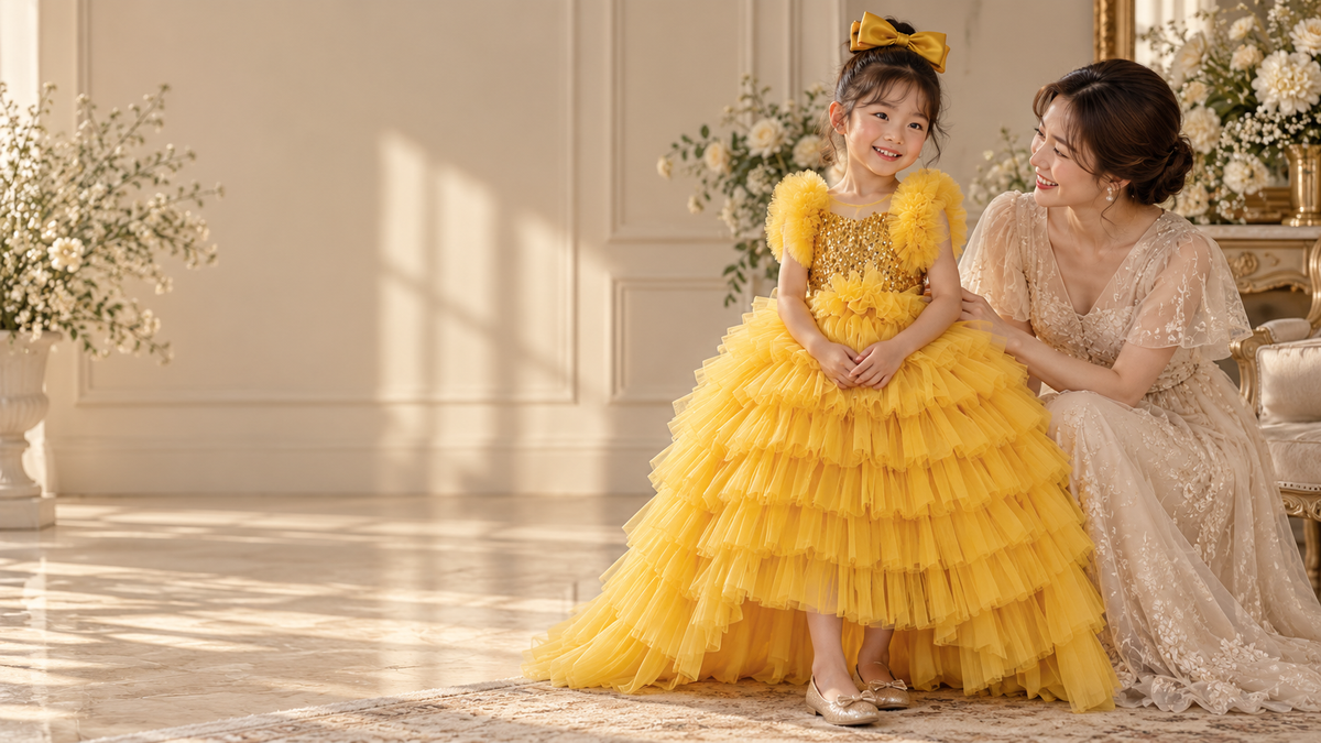Golden Bloom Dress worn by a child with her mother in a refined celebration setting