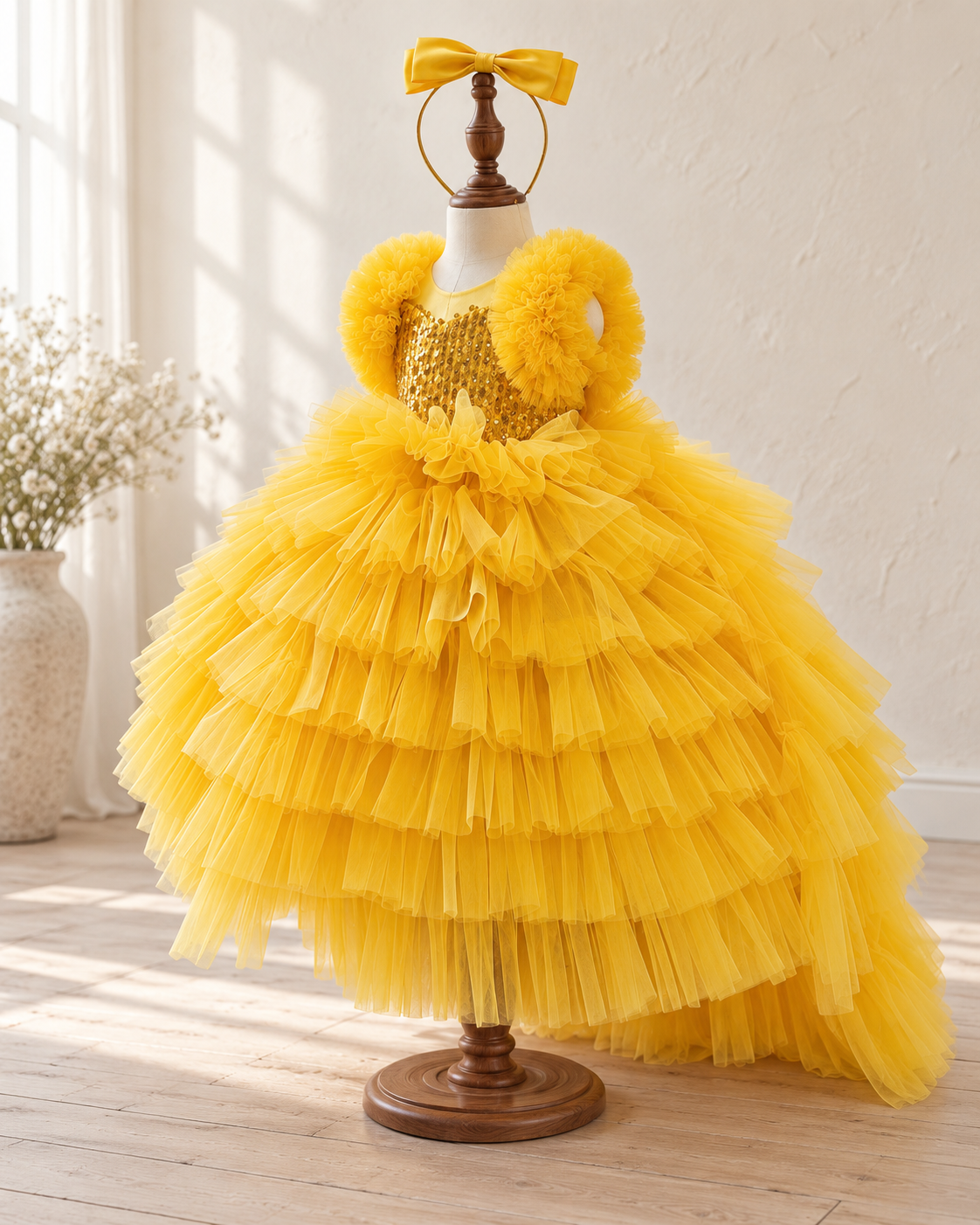 Golden Bloom yellow tulle birthday party dress for girls full view