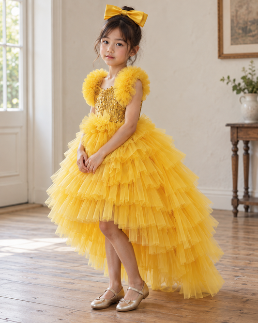 Golden Bloom yellow girls party dress on child model