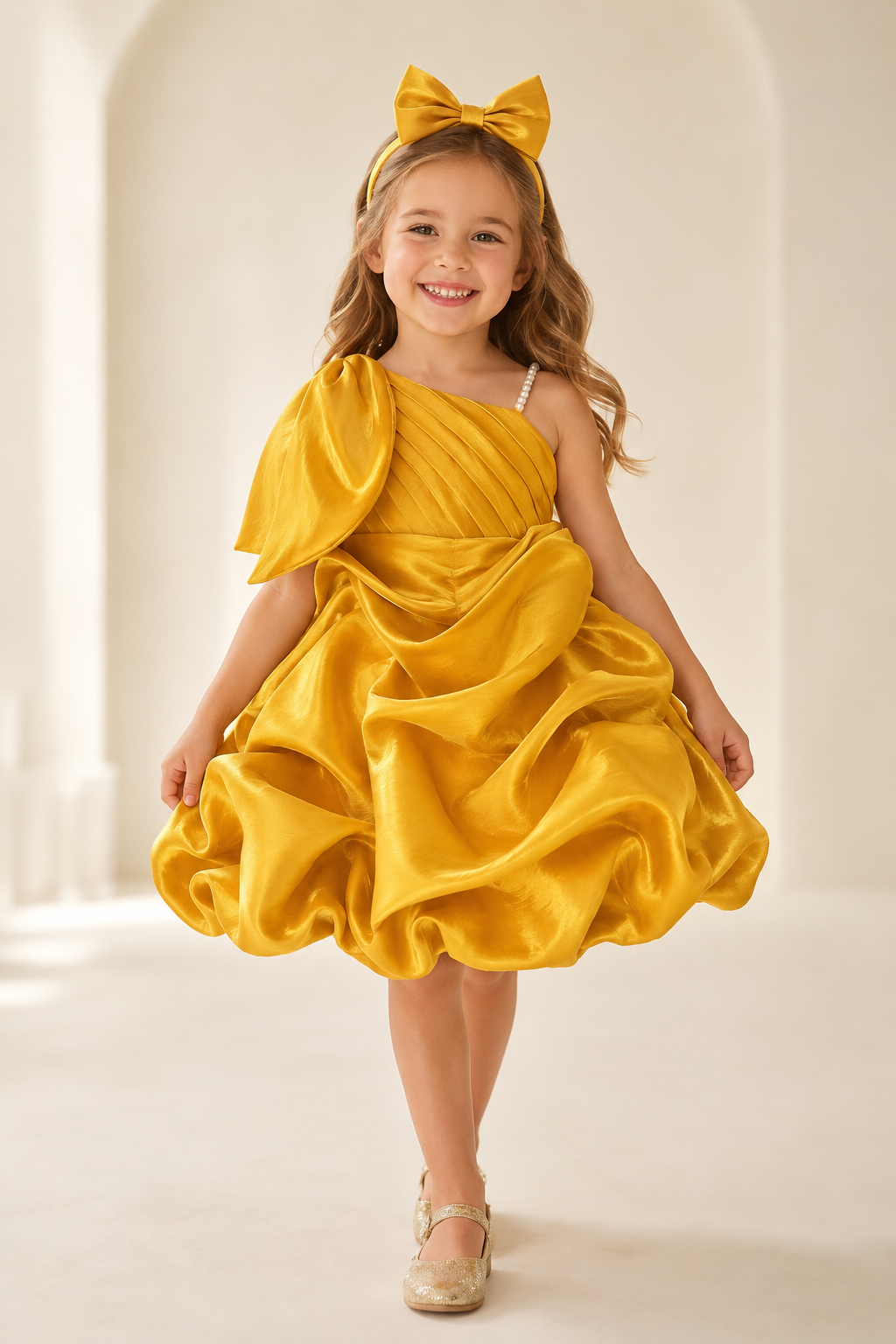 Golden Petal gold satin party dress for girls full view
