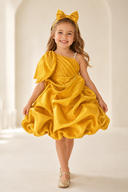 Golden Petal gold satin party dress for girls full view