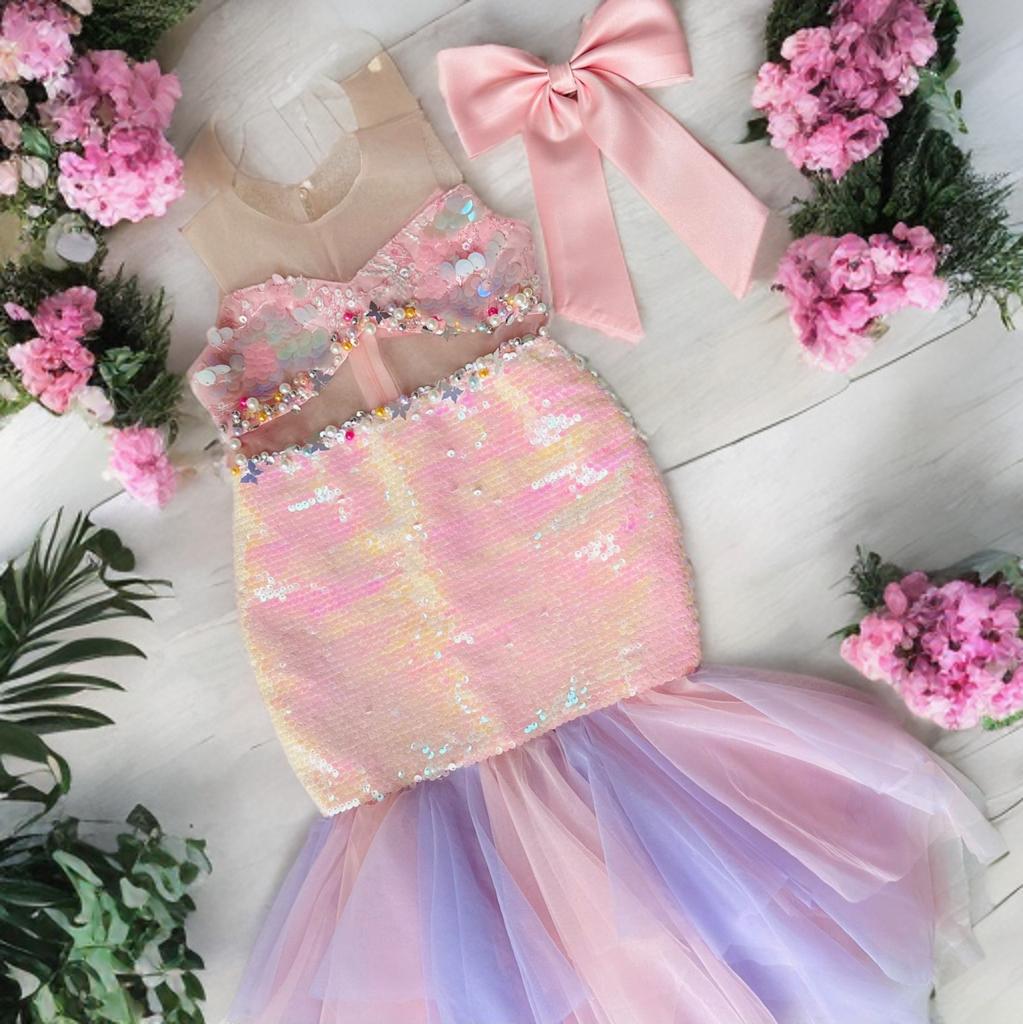 Mermaid Gown pastel sequin princess dress for girls with matching accessory
