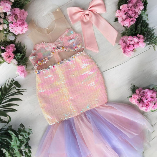 Mermaid Gown pastel sequin princess dress for girls with matching accessory