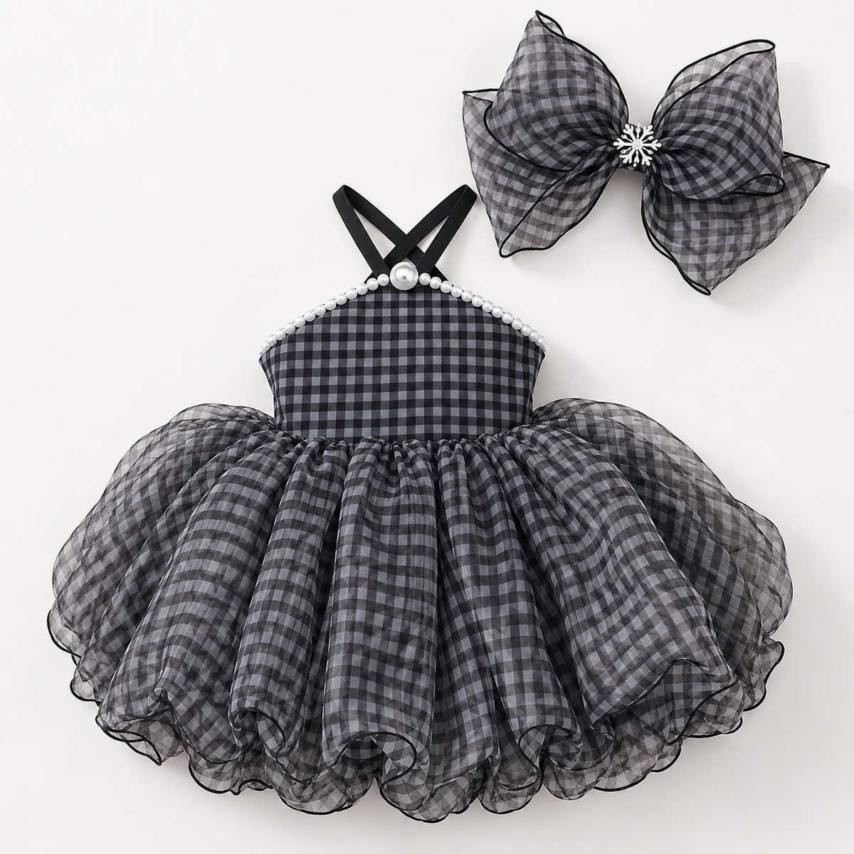 Midnight Check Bloom black and white check party dress for girls full view