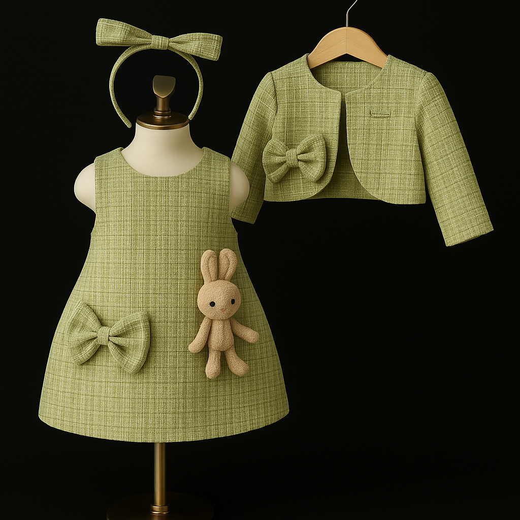 Olive Bunny green tweed matching set for girls full view