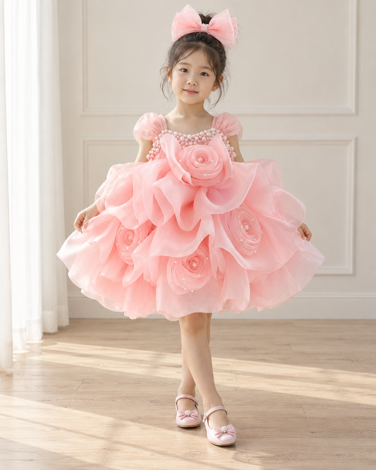 Petal Pearl pink organza party dress for girls on child model