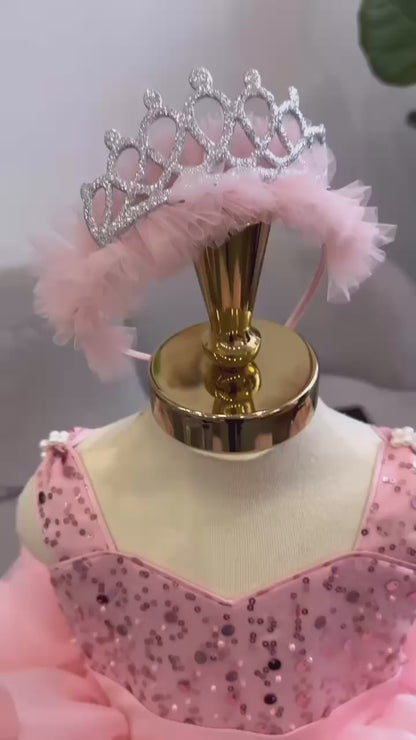 Blush Bloom Gown for Girls – Pink Sequin Ruffle Dress with Bow & Headband (Size 2–5)