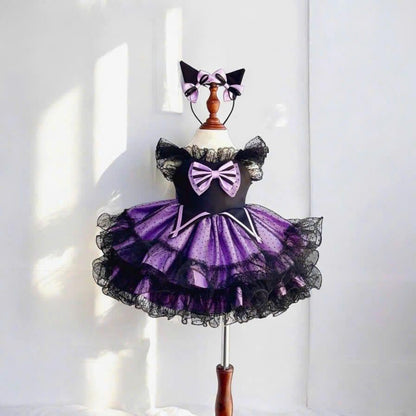 Purple and black girls Halloween dress with layered tutu, lace sleeves and bow
