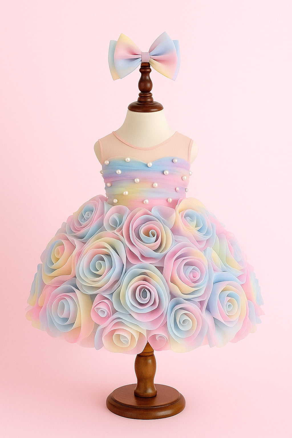 Rainbow Rosette pastel floral party dress for girls full view