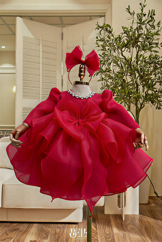 Red Dahlia red organza girls birthday dress detail – Dolls & Dreams Australia