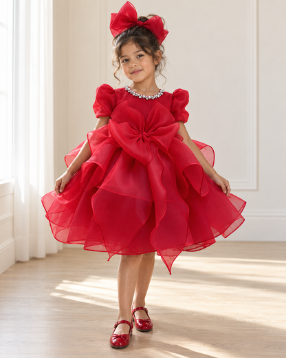 Red Dahlia girls red party dress on child model – Dolls & Dreams Australia