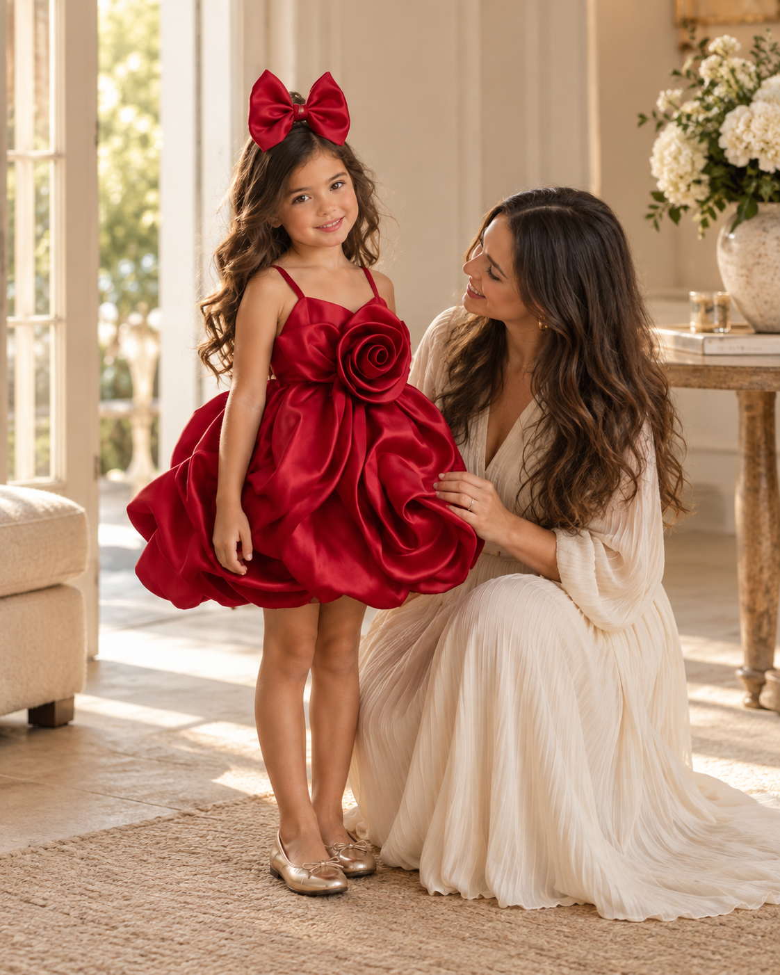 Scarlet Rose red dress for girls on child model in natural light