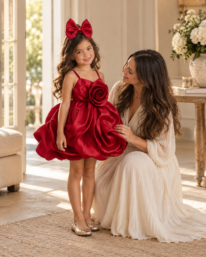 Scarlet Rose red dress for girls on child model in natural light