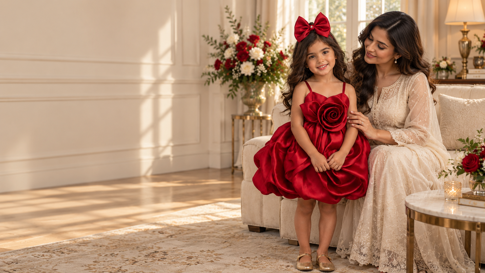 Scarlet Rose Dress worn by a child with her mother in a warm luxury interior