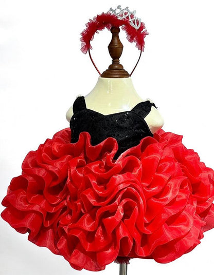Scarlet Ruffle Royale red sequin and ruffle party dress for girls full view