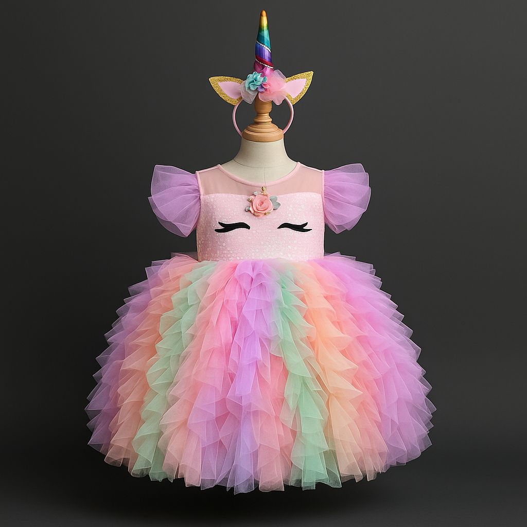 The Unicorn Bloom colourful fantasy party dress for girls full view