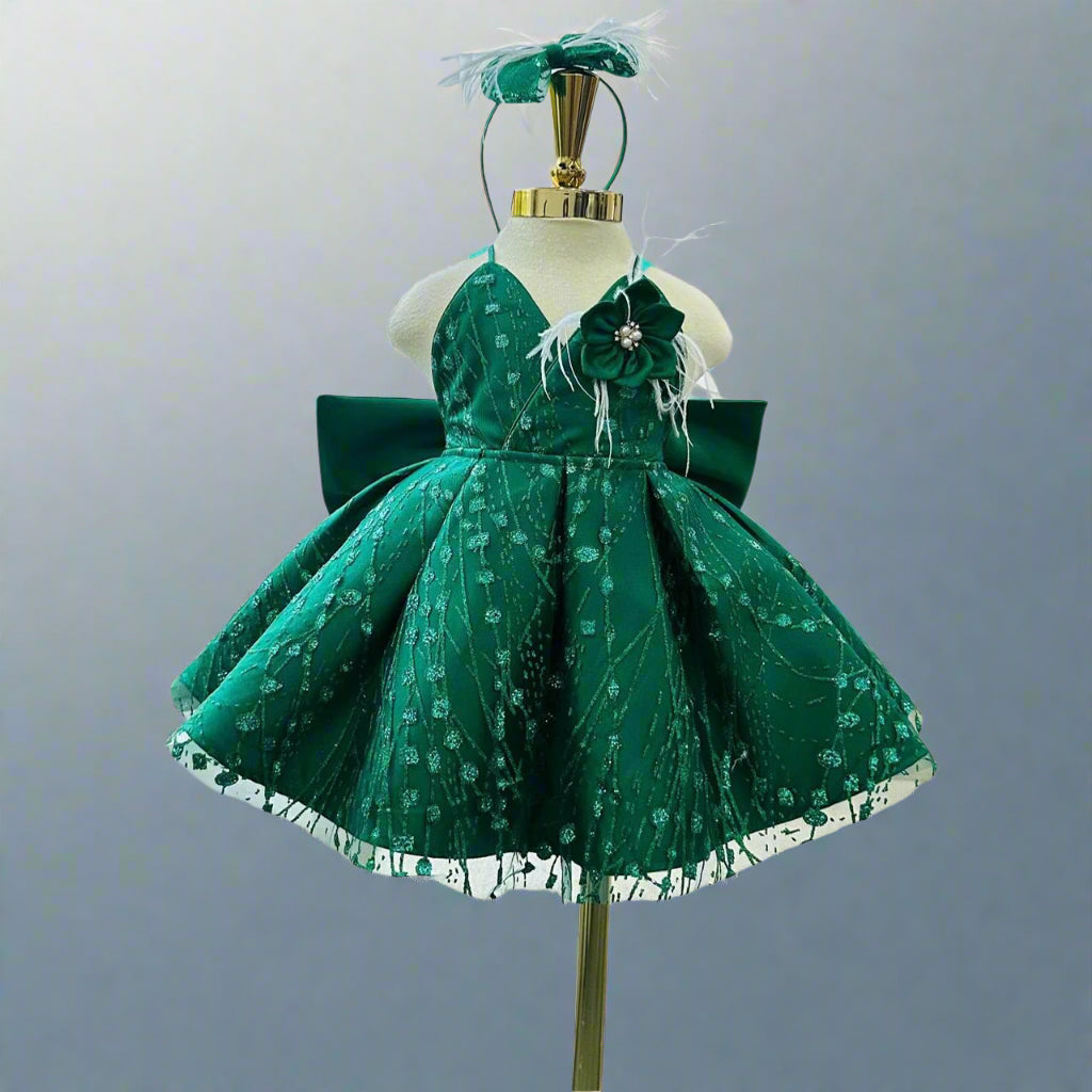Emerald Green Twinkle Leaf party dress for girls full view