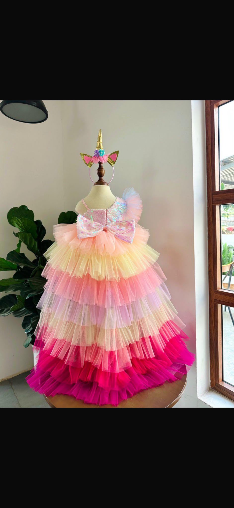Unicorn Pony Dress back view with statement bow and layered tulle train