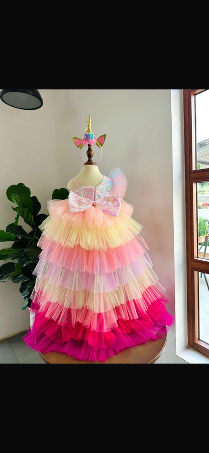 Unicorn Pony Dress back view with statement bow and layered tulle train