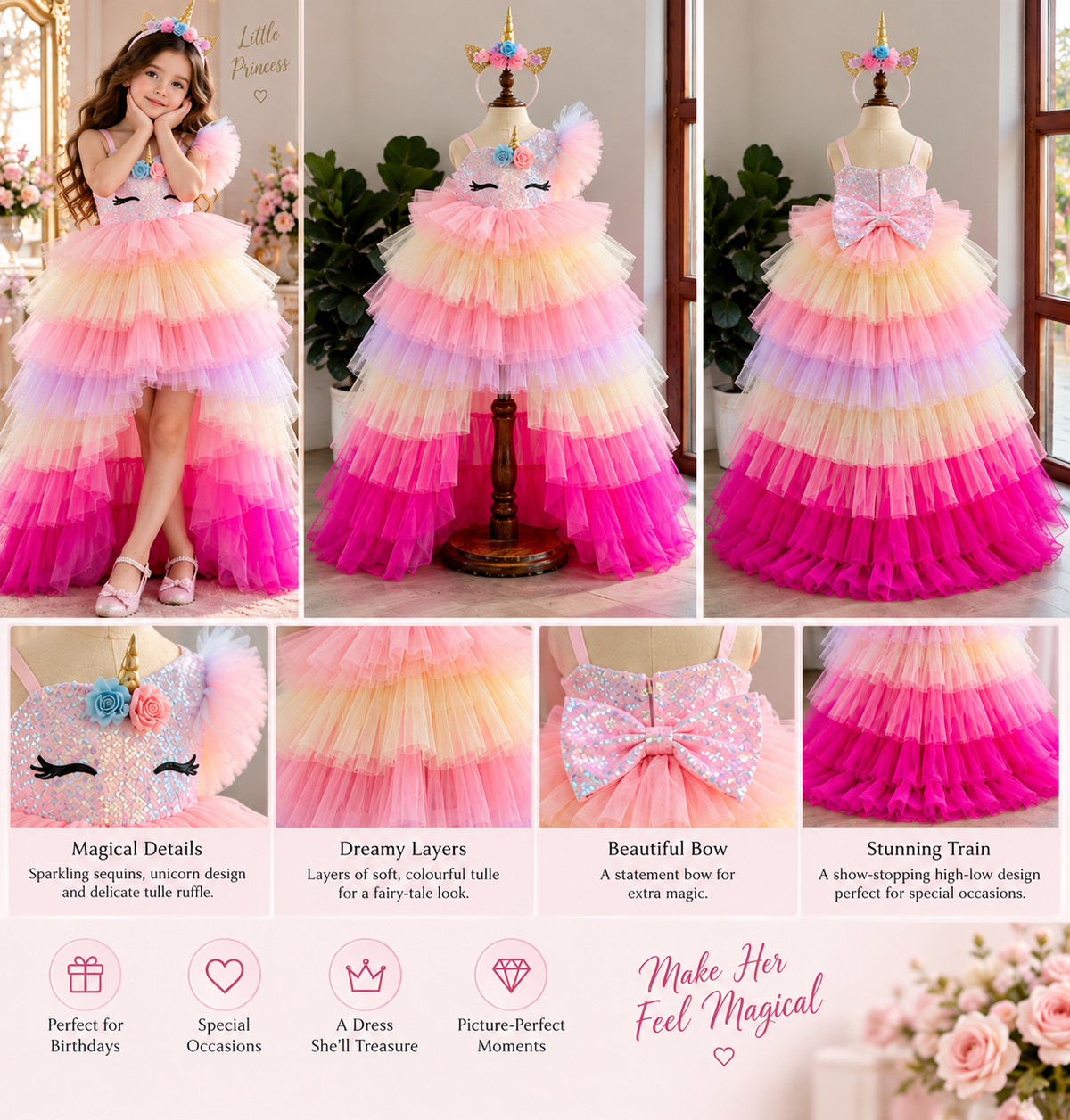 Unicorn Pony Dress rainbow pink layered tulle girls occasion dress