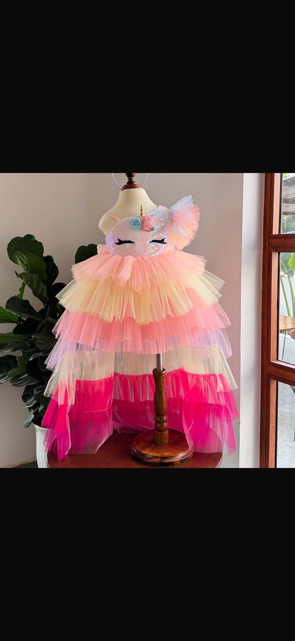 Unicorn Pony Dress front view with sequin unicorn bodice and rainbow tulle